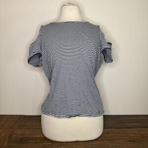 Michael Kors Navy and White Striped Cold Shoulder Top Large